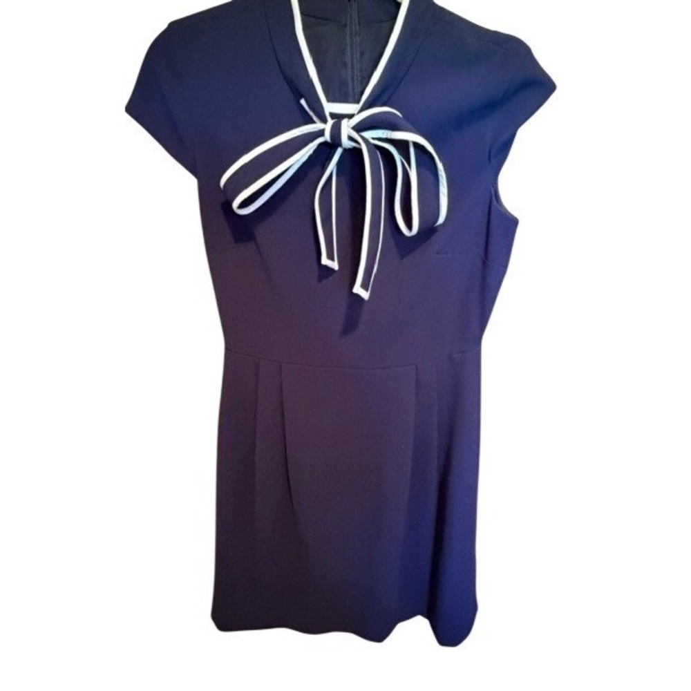J.Crew Navy Blue Bow Tie Neck Cap Sleeve Pleated Shift Dress Size 4